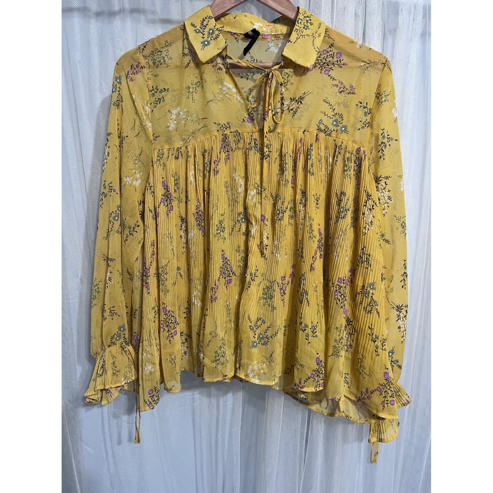 Agnes & Dora Yellow Floral Pleated Chiffon Boho Blouse Tie Neck Ruffle CuffSmall